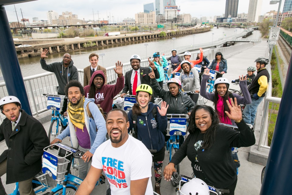 Katie Monroe with the Bicycle Coalition of Greater Philadelphia poses for a photo during the Indego launch event.