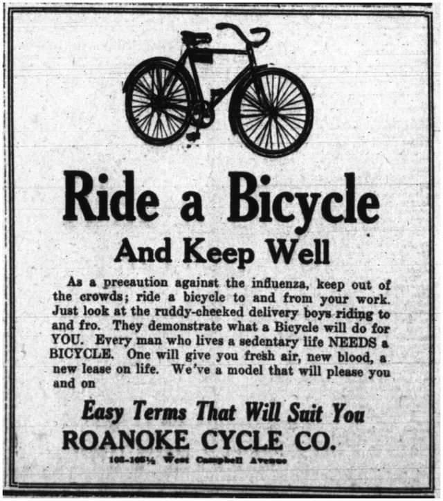 An ad from 1918 noting that bicycling is a great cautionary measure against the Spanish influenza.